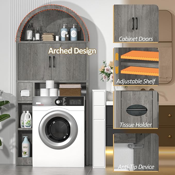 Over The Toilet Storage Cabinet, Bathroom Organizer Over Toilet, Arched Storage Organizer Cabinet with Anti-Tip Device and Adjustable Shelf for Washroom Laundry and Restroom, Grey