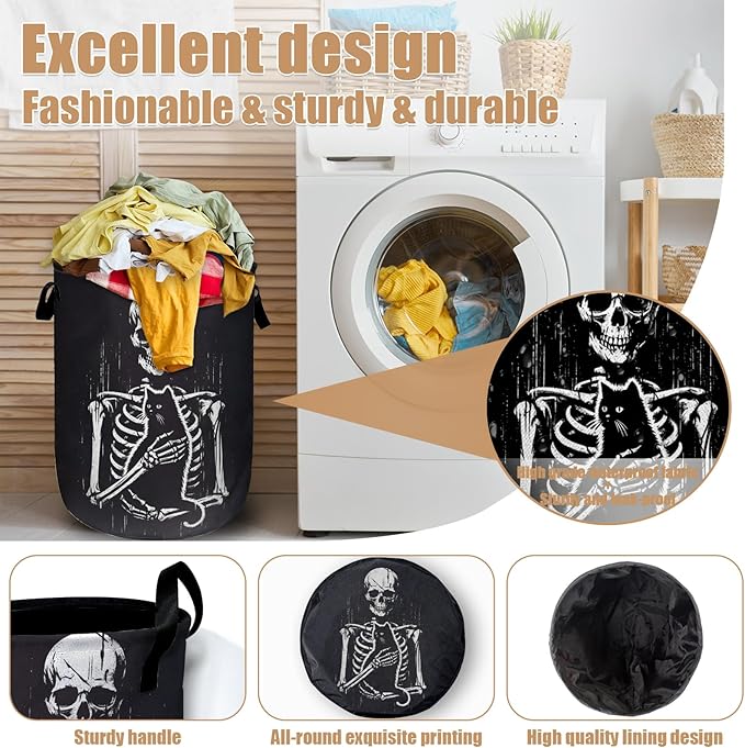 Funny Skull Black Cat Laundry Basket, Foldable Waterproof Laundry Hamper Tote Bag Dirty Clothes Storage Bucket Toy Organizer for Bathroom/Laundry/Bedroom 15.7"x19.6"