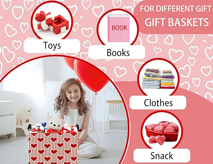 Large Valentine's Day Basket Heart Shaped Storage Bin for Gifts Collapsible Organizer Room Decor (Vertical Bar Red Love)