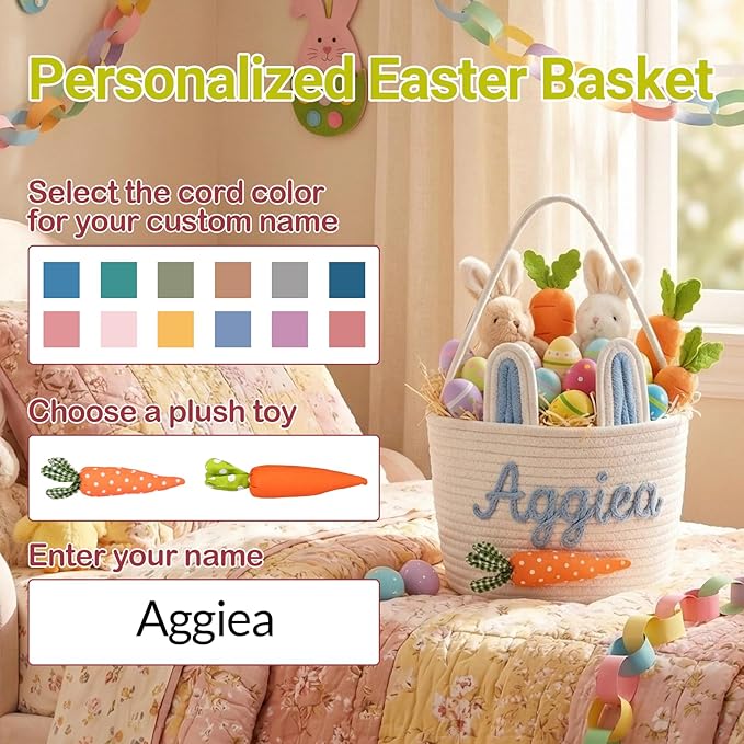 Personalized Easter Baskets for Girls, Boys Cute Bunny Custom Easter Basket with Embroidered Name for Egg Hunts Woven Cotton Rope Tote in 2 Sizes Easter Gifts for Kids