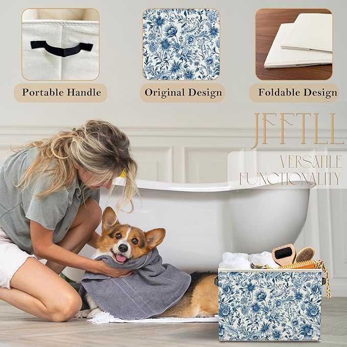 Chinoiserie Blue Floral Storage Bins with Handles, Retro Blue and White Wildflower Botanical Collapsible Laundry Basket Storage Box for Home Bedroom Bathroom Clothes Toys Books