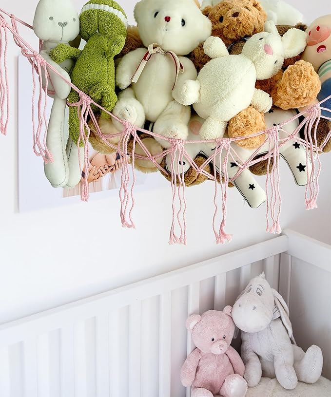 Stuffed Animal Storage Corner Hammock or Net,Toy Storage Hammock for Stuff Animals,Plushie Net for Nursery Bedroom Wall,Stuffed Animal Organizer Holder for Plush,Cute Boho Room Decor.(Pink)