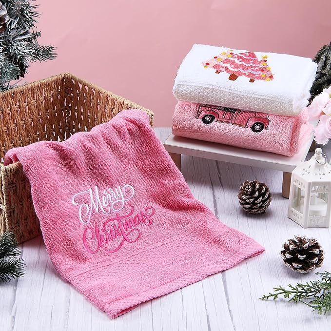 3 Pcs Pink Christmas Hand Towels for Bathroom Merry Christmas Xmas Tree Embroidered Cotton Bathroom Towels Decorative for Kitchen Dish Fast Drying Decor, 13.78 x 29.53 Inch