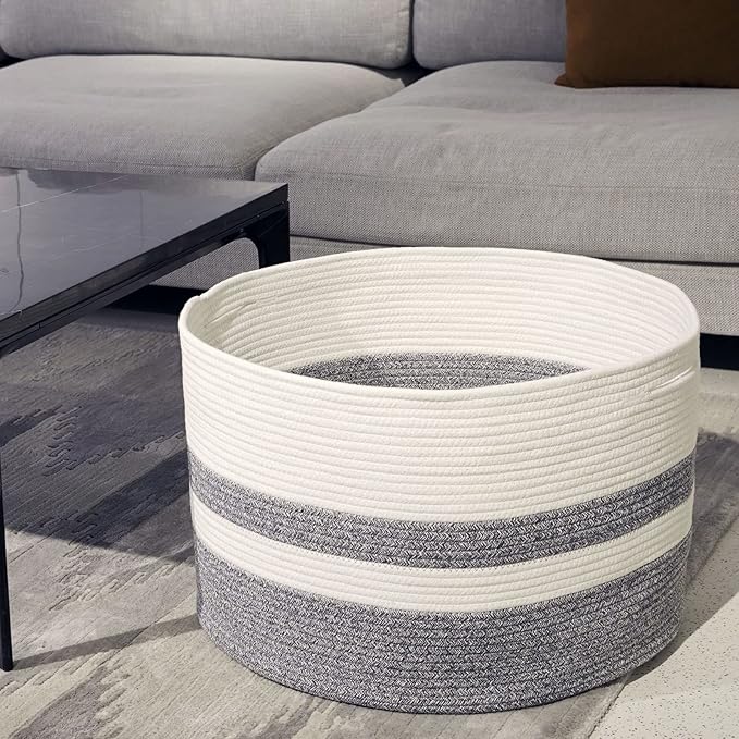 Casaphoria XXXLarge Cotton Rope Basket for Living Room - Woven Storage Basket with Handle for Blankets, Towels and Pillows Laundry Hamper | White and Grey (22" x 22" x 14")