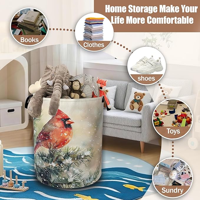 Winter Red Cardinal Bird Laundry Basket, Laundry Hamper Waterproof Oxford Cloth Tote Collapsible,Clothes Storage Bucket Decorative Toy Organizer For Bathroom Bedroom 16" x 20.8"