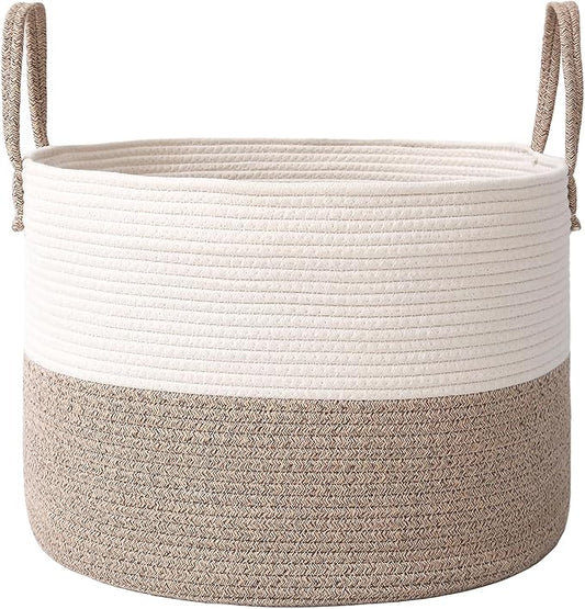 115L Extra Large Blanket Basket for Living Room - Woven Cotton Rope Laundry Hamper with Reinforced Handles - Storage Bin for Pillows, Comforters & Toys - Machine Washable,White&Brown