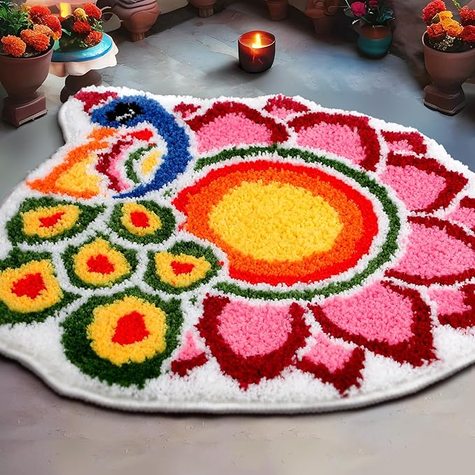 20 Inch Diwali Rangoli Mat Decorations Indian Diwali Door Mat for Home Peacock and Petals Decoration Non Slip Washable Rug for Indian Traditional Pooja New Year Entrance Gift