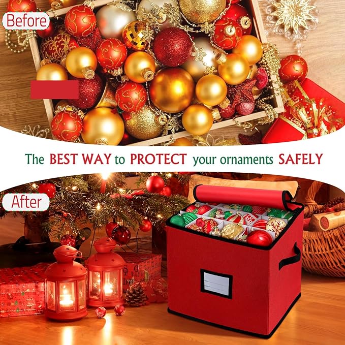 BINSUNS Christmas Ornament Storage Box, Christmas Storage Containers Organizer Bag with Dividers - Fits up to 64 Holiday Xmas Ornaments Decorations 3” Seasons Balls(Mixed Black)