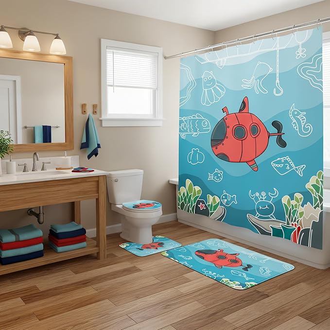 4Pcs Kids Shower Curtain Sets,Boy Bathroom Sets with Waterproof Shower Curtain,Memory Rugs,Non-Slip Rug,Toilet Lid Cover Bath Mat