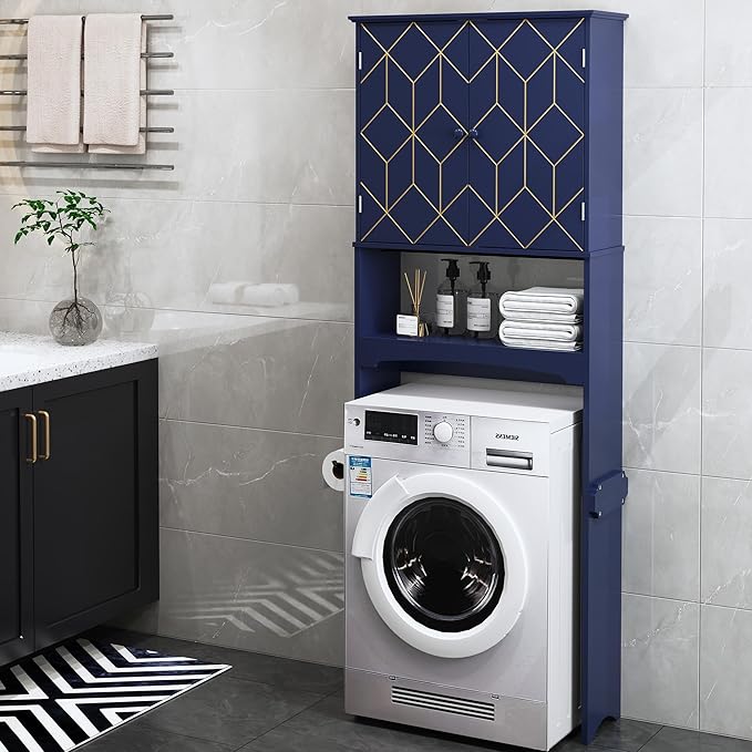 Over The Toilet Storage Cabinet with Gold Trim, Modern Bathroom Organizer Over Toilet with Adjustable Shelves and Toilet Paper Holder for Bathroom (Blue)