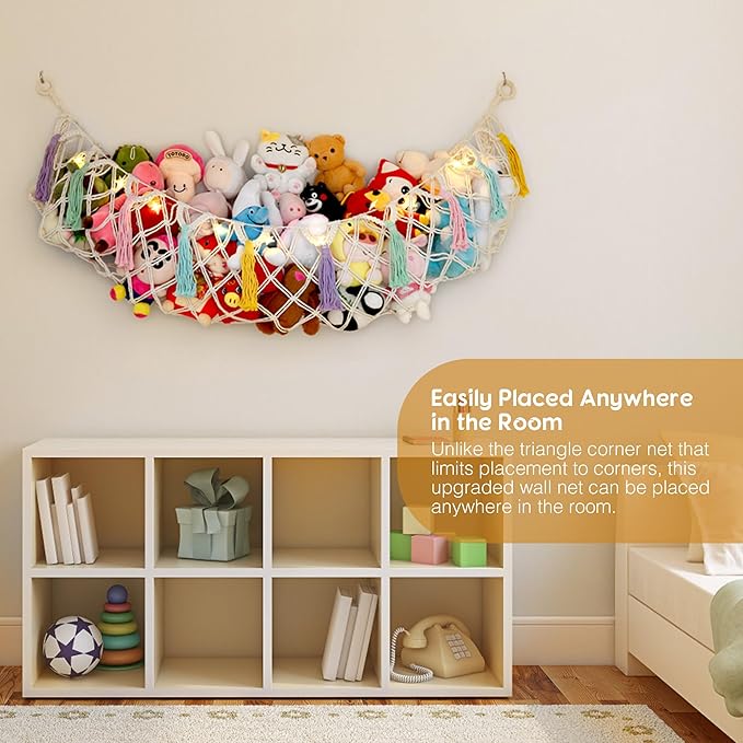 Stuffed Animal Net or Hammock, Large Stuffed Animal Storage Macrame Toy Hammock Hanging Corner Net for Stuffed Animals, Plushie Net Hammock with Star Lights for Boho Kids Room Nursery Playroom Decor