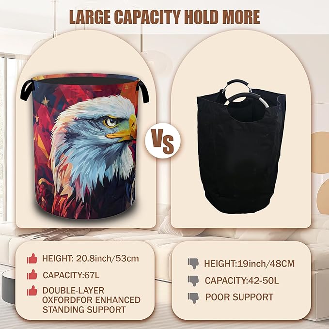 Eagle American Flag Laundry Basket, Laundry Hamper Waterproof Oxford Cloth Tote Collapsible,Clothes Storage Bucket Decorative Toy Organizer For Bathroom Bedroom 16" x 20.8"