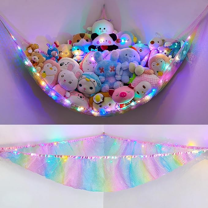 Unicorn Castle Stuffed Animals Net or Hammock Kids Toy Storage Organizer with LED Light Hanging Corner Stuffed Animals Holder Kids Girls Room Decor,Rainbow-A,Large (Pack of 1)
