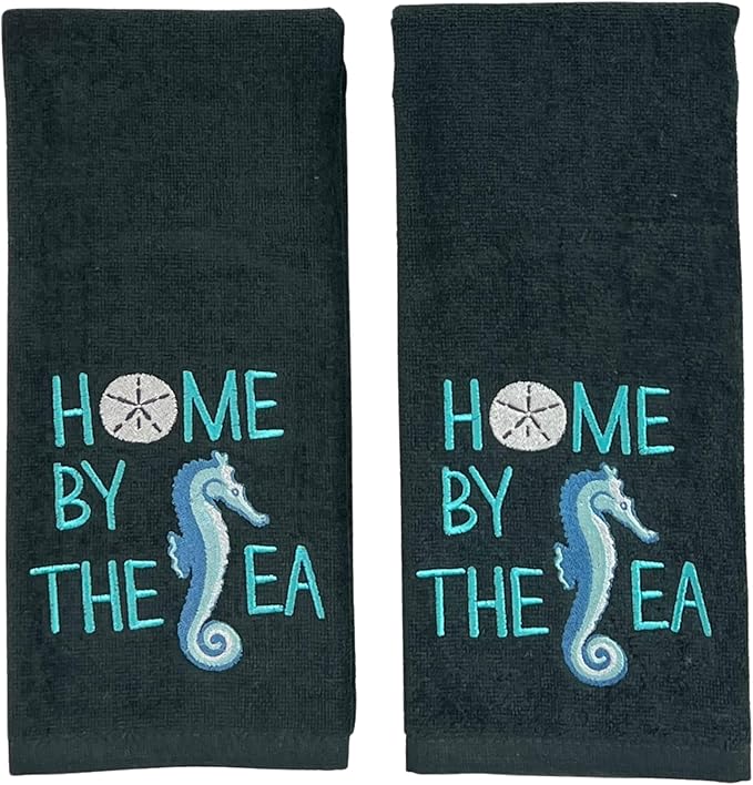 Home by The Sea Embroidered Seahorse Guest Hand Bath Towels, 2 Piece Set, 100% Cotton, Dark Gray