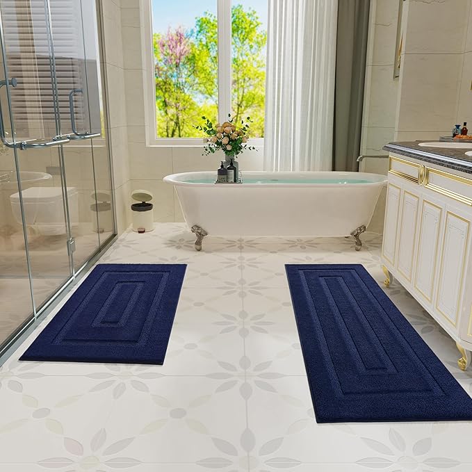 HOMORE Bathroom Runner Rugs 24x70 Non Slip Washable Long Bath Rug, Navy Rugs for Bathroom Absorbent Bath Rug Runner with TPR Backing, Soft and Thick Bath Mat for Shower Floor