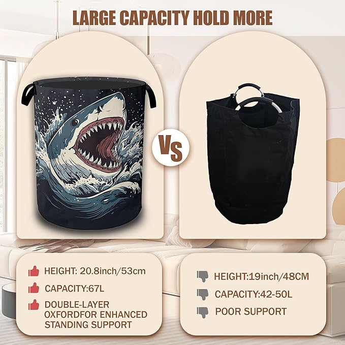 Shark Big Mouth Laundry Hamper,Ocean Wave Laundry Baskets,Waterproof Oxford Cloth Toy Storage for Bedroom,Bathroom,Nursery,16x20.8 Inch