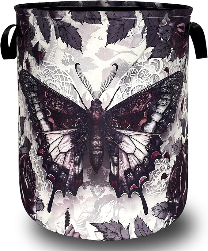 Purple Butterfly and Rose Flowers Laundry Basket Foldable Colorful Laundry Hamper With Handle Oxford Cloth Portable Clothes Storage Basket Laundry Bag 18.9"x16.5" For Laundry Room/Bedroom/Bathrooms