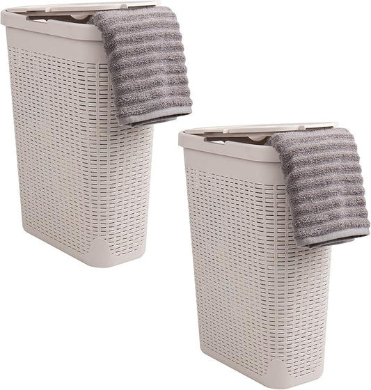 Mind Reader Slim Laundry Hamper with Lid, 40L Clothes Basket, Premium Wicker Design, Plastic, Set of 2, Ivory