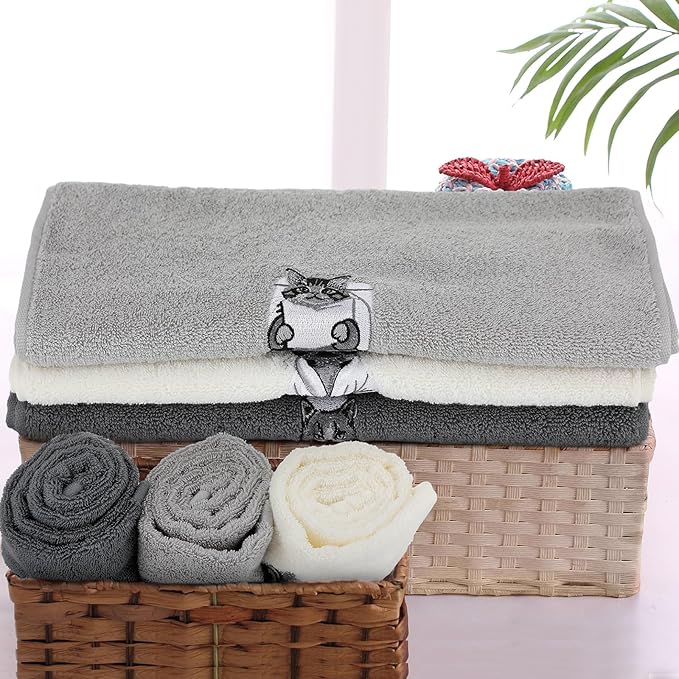 3 Pcs Cat Bathroom Hand Towels Set Cute Black Cat Embroidered Decorative Funny Kitchen Towels 100% Cotton Embroidery Farmhouse Decor for Bathroom Kitchen 13.3 x 29.5''