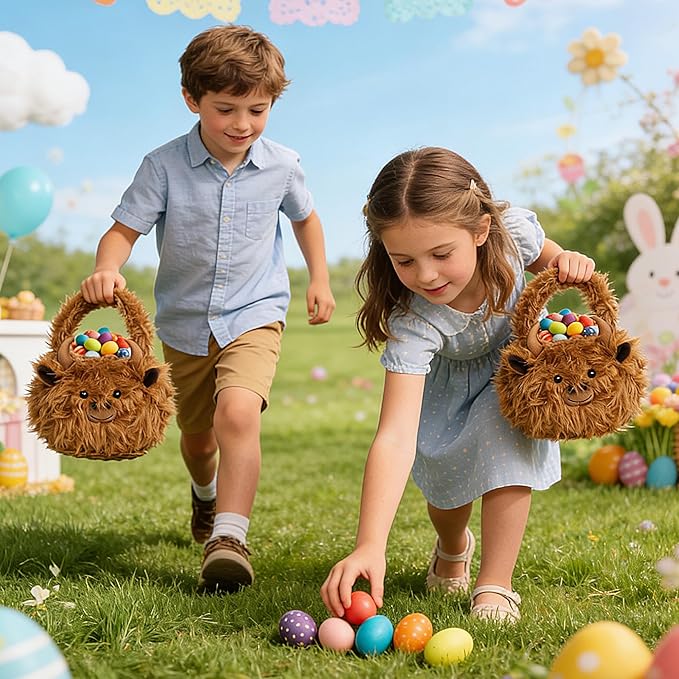 Easter Basket, Highland Cow Easter Baskets for Kids, Baskets with Handle for Gifts Empty, Bunny Egg Hunting, Basket Stuffers Essentials