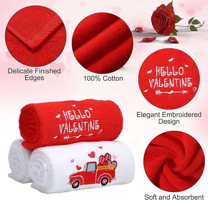 3 Pack Valentine's Day Bath Hand Towels Embroidered 100% Cotton 13.7 x 29.5 in Red Heart Love Bathroom Kitchen Decorations