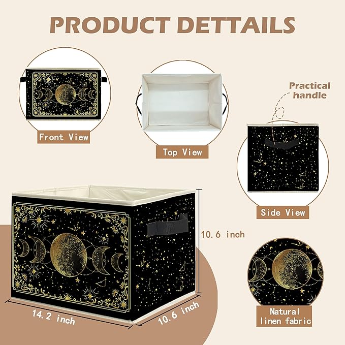 Mystical Witchy Moon Phase Storage Bin Box with Handles, Black and Gold Celestial Astrology Foldable Linen Fabric Laundry Basket for Home Bedroom Bathroom Clothes Toys Books