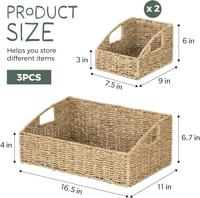 Set of 3 Handwoven Seagrass Storage Baskets – Decorative Natural Wicker Organizer Bins with Built-in Handles for Bathroom, Kitchen, Pantry, Nursery, Closet, Laundry, Living Room, and Home Use