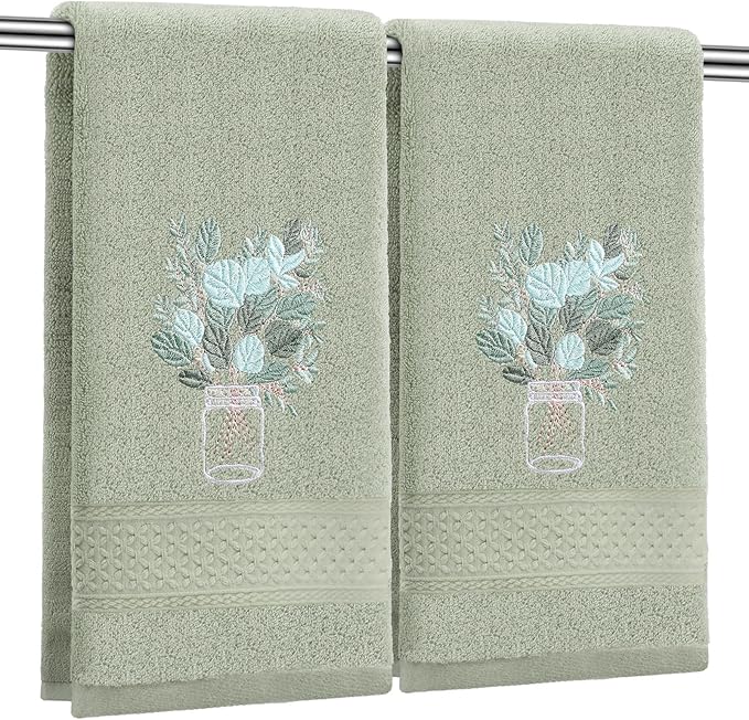 2 Pcs Eucalyptus Hand Towels Gray Green Bathroom Decor 14x29 Inch Embroidered 100% Cotton Soft Absorbent Spring Summer Decorative Hand Towels for Bathroom Kitchen