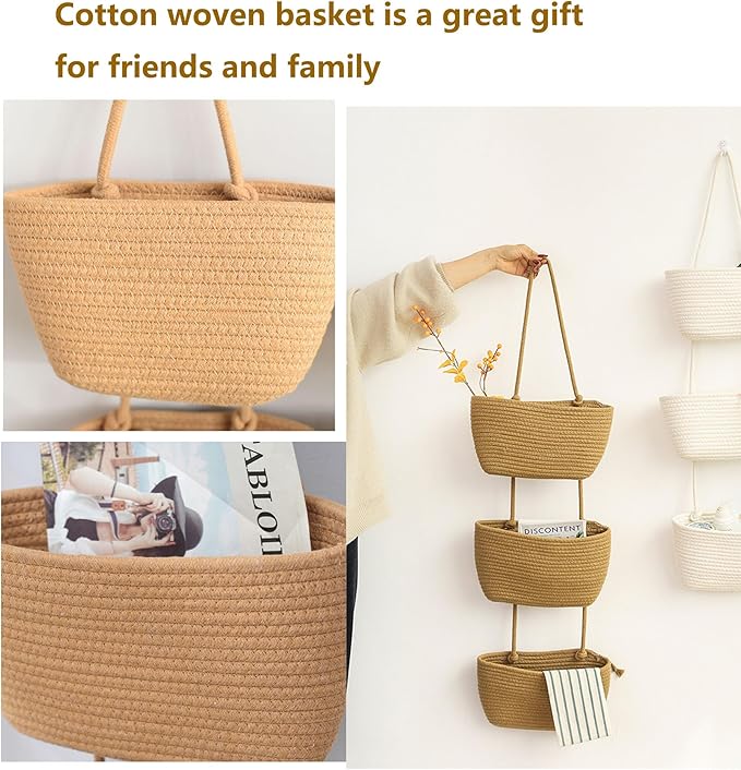 YYaaloa Woven Cotton Hanging Baskets for Organizing Decor 3-Tier Over the Door Wall-Mounted Storage Bag Nursery Baskets for Organizing Living Room, Bathroom and Bedroom (Brown)