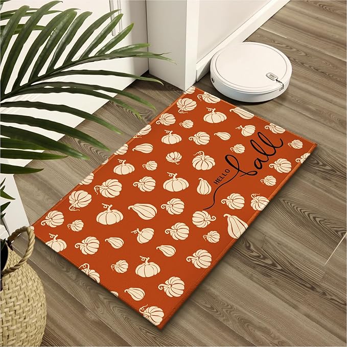 Hello Fall Bathroom Rug for Bathtub Shower Room Orange Autumn Pumpkins Bathroom Mats Thanksgiving Decorative Non-Slip Absorbent Bath Rugs 32"x20" for Dooway Kitchen Sink Bedside