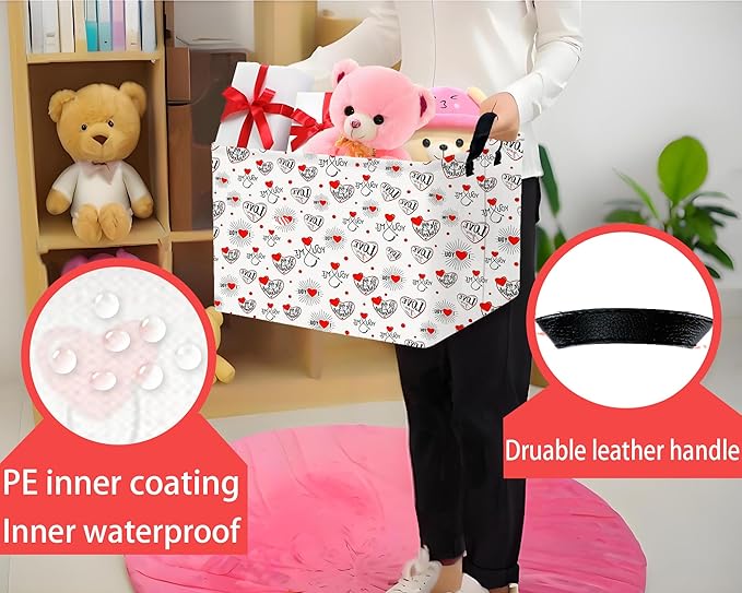 Large Valentine's Day Basket Heart Shaped Storage Bin for Gifts Collapsible Organizer Room Decor (Fireworks Res Love)