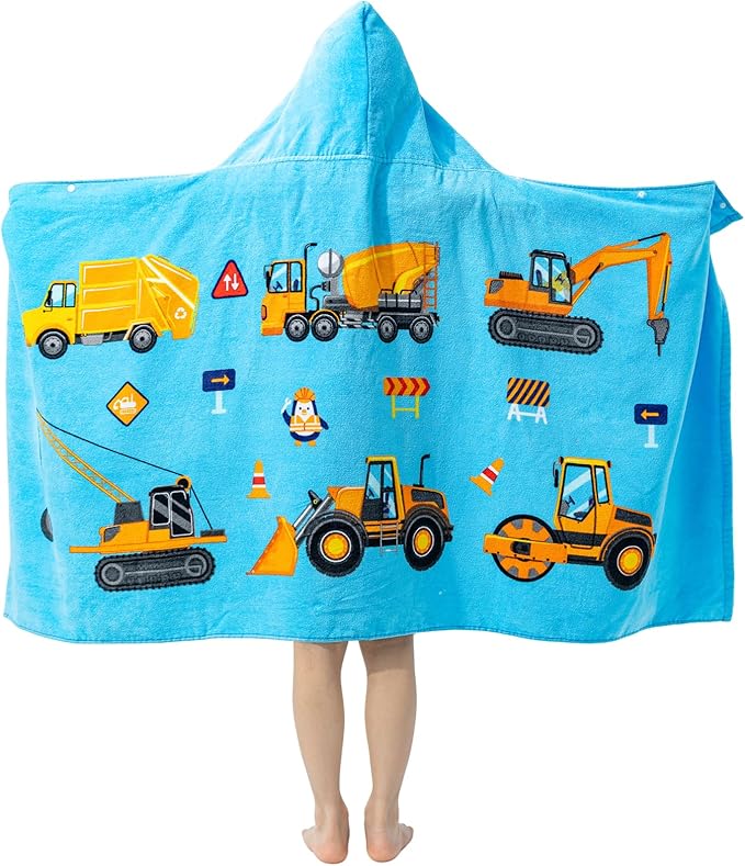 Gealaek 100% Cotton Hooded Towel for Toddlers 5-12 Years Boys Girls 60"x30" Extra Large Wearable Wrap Kids Bath Pool Beach Towel Soft Absorbent Beach Poncho(Construction Site XL)