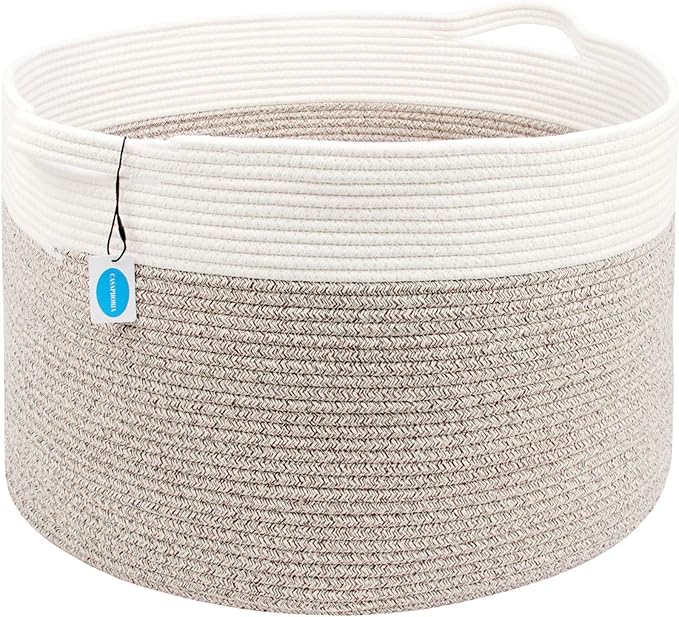Casaphoria XXXLarge Cotton Rope Basket for Living Room - Woven Storage Basket with Handle for Blankets, Towels and Pillows Laundry Hamper | Cream white and Brown (22" x 22" x 14")
