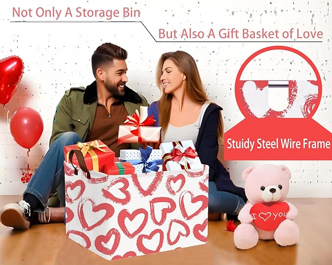 Large Valentine's Day Basket Heart Shaped Storage Bin for Gifts Collapsible Organizer Room Decor (Red Big Love)