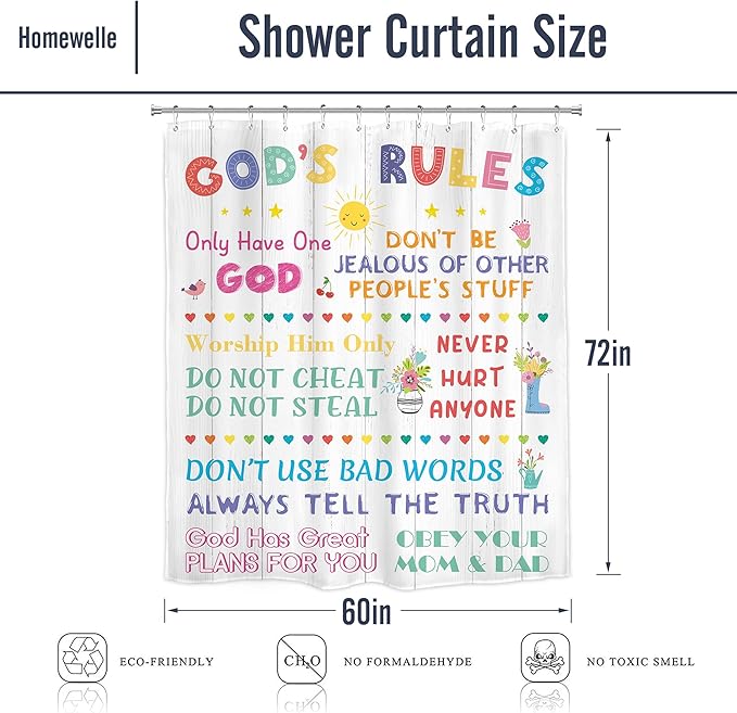 Homewelle Colorful Quotes Kids Shower Curtain Christian Bible Verse Abstract Cartoon Cute Wooden Plank Modern Simple 60Wx72H Inch for Boys Girls Children Waterproof Polyester Fabric Bathroom Bathtub