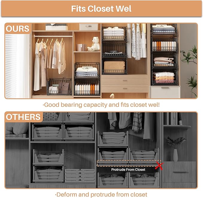 Metal Drawer Organizer for Closet with Sliding Rail, Metal Bbasket Storage Drawers for Wardrobe, Stackable Wire Bins for Clothing and Accessories-Black-4-Pack