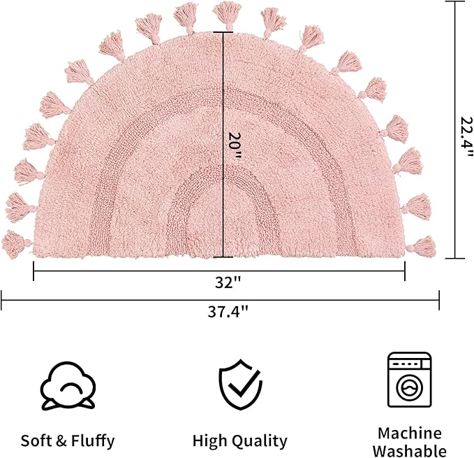 Half Circle Boho Bathroom Rugs with Tassels 100% Cotton Hand-Woven Bath Mat Non Slip Absorbent Bath Rugs with Rug Pad Washable Boho Bath Mat Carpet for Tub, Shower 20"x32",Pink