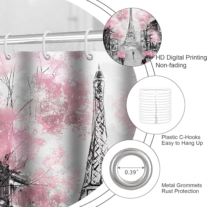 4Pcs Paris Cherry Blossom Shower Curtain Set, Black and Pink Eiffel Tower Bathroom Set with Shower Curtain, Romantic Cityscape Bath Decor for Women, Girly Bathroom Accessories