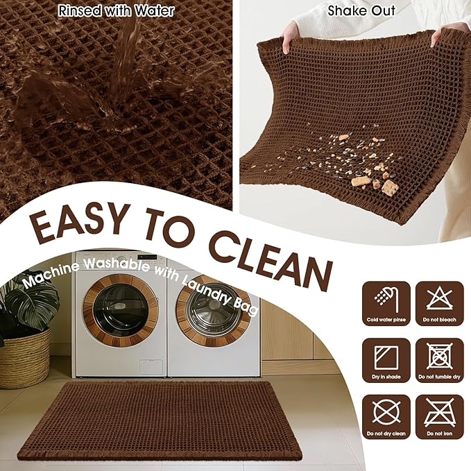 Accumtek Extra Large Waffle Bath Mat, 5'x2' Brown, Super Absorbent Non-Slip Quick Dry Bathroom Rugs with Tassels, Machine Washable Ultra Soft Boho Bath Rugs for Floor, Toilet Mats Boho Farmhouse Decor