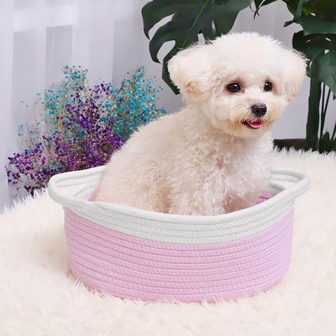 ABenkle Small Basket with Handles, Boho Decorative Rope Woven Dog Cat Toy Storage Bin Shelf Storage Organizer, Easter Christmas Gift Basket, 12"x8"x5", Pink