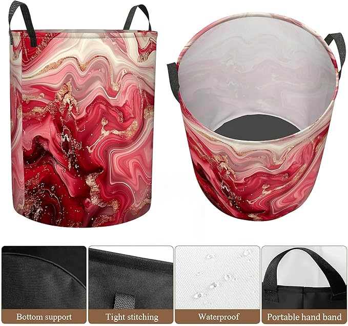 Pink Marble Print Laundry Hamper for Women Girls, Large Canvas Collapsible Organizer Storage Basket for Nursery,Office,Toy Organizer,Home,Decor - 19.7" X 15.7 "