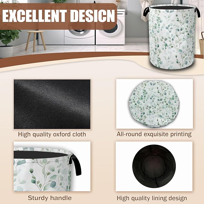 Green Floral Leaves Laundry Hamper,Tropical Plant Laundry Baskets,Waterproof Oxford Cloth Toy Storage for Bedroom,Bathroom,Nursery,16x20.8 Inch