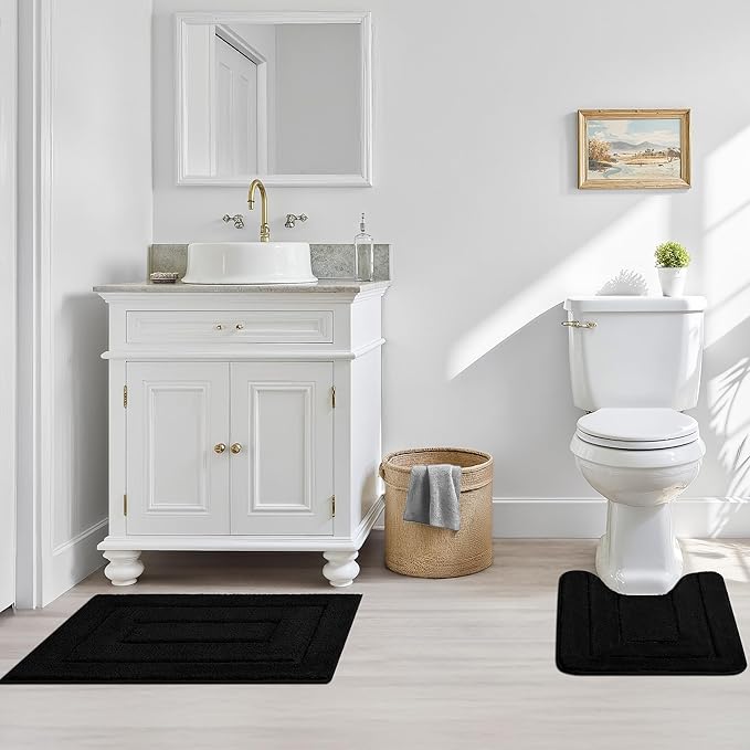 GRANNY SAYS Bathroom Rugs Sets 3 Piece, Soft Absorbent Microfiber Bath Mats for Bathroom Non Slip Washable, U-Shaped Toilet Bath Rugs for Tub Shower (Black, 16" x 24" + 20" x 32" + U Shaped 20" x 24")