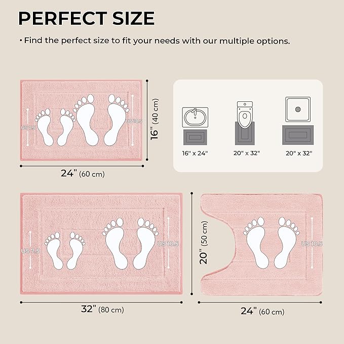 GRANNY SAYS Bathroom Rugs Sets 3 Piece, Soft Absorbent Microfiber Bath Mats for Bathroom Non Slip Washable, U-Shaped Toilet Bath Rugs for Tub Shower (Pink, 16" x 24" + 20" x 32" + U Shaped 20" x 24")