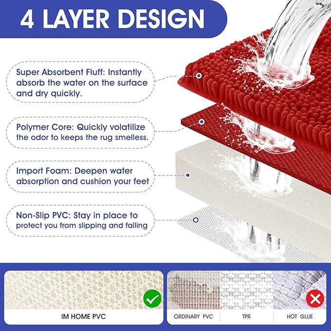 ACCUMTEK Christmas Striped Red Ultra Soft Bathroom Rugs and Mats Set 3 Pieces Bath Mat Set, Thick Chenille Bath Rugs Non Slip Bath Mats for Bathroom, Kitchen, Burgundy