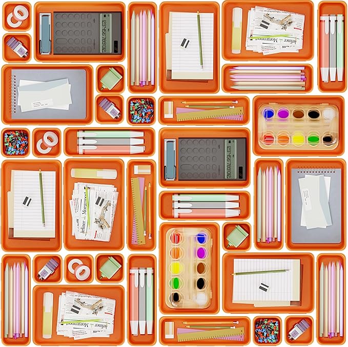 45 Pack Desk Drawer Organizer Tray, 3 Sizes Plastic Drawers Organizer Storage for Kitchen, Bathroom, Office, Vanity, Makeup, Utensils, Junk Drawer Organizer Bins, Gadget Trays for Organizing, Orange