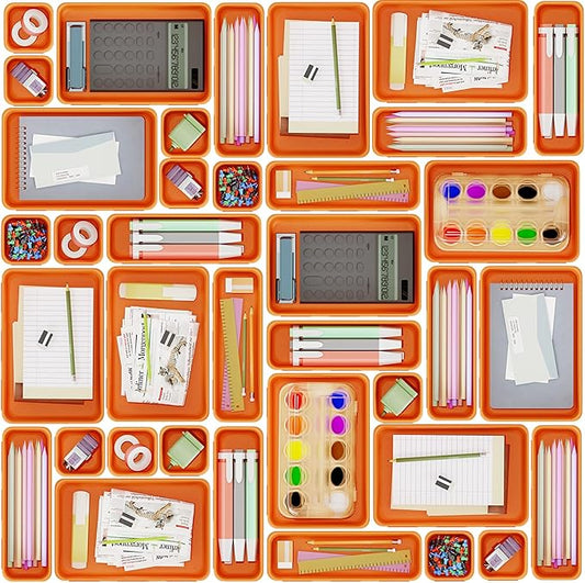 45 Pack Desk Drawer Organizer Tray, 3 Sizes Plastic Drawers Organizer Storage for Kitchen, Bathroom, Office, Vanity, Makeup, Utensils, Junk Drawer Organizer Bins, Gadget Trays for Organizing, Orange