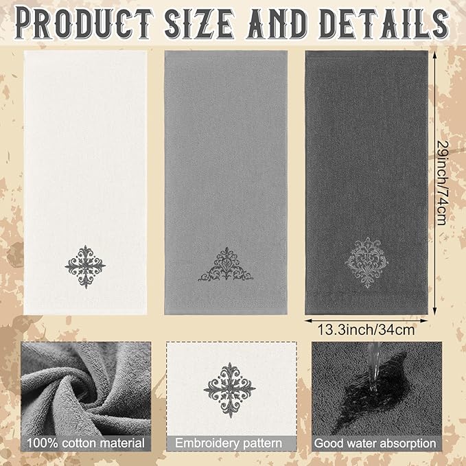 3 Pcs Decorative Gray Hand Towels for Bathroom Kitchen 13.3 x 29.5'' Farmhouse Damascus Luxury Embroidered 100% Cotton Towels Art Decor for Bathroom Kitchen