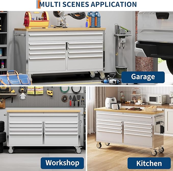 61" Rolling Tool Chest with 9 Drawers, Solid Rubber Wood Workbench Top, Locking Wheels & Key Lock, Mobile Garage Tool Cabinet for Workshop Storage & Organization