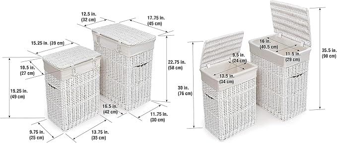 Badger Basket Wicker Nursery Laundry Hampers with Removable Liners and Hinged Lids – Set of 2 Large Clothes Storage Baskets for Baby, Kids, or Home Organization – White/White Finish
